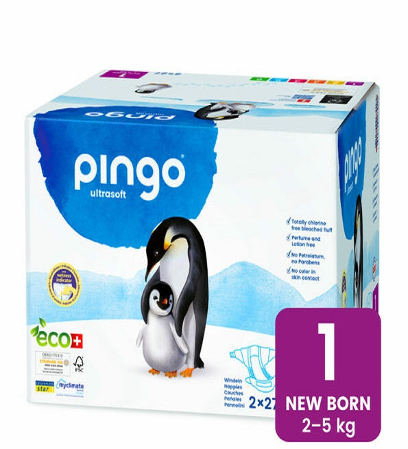 Pingo Newborn Jumbo Taille1– 2-5KG –2 Sachets de 27 Couches = Lingettes Offertes