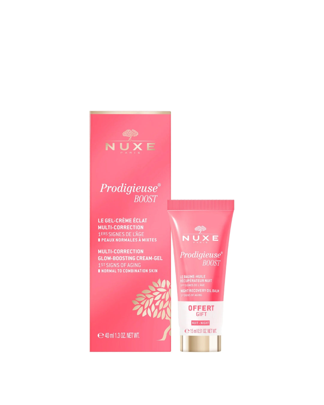 Nuxe PRODIGIEUSE BOOST Duo Gel-Crème Eclat multi-correction et Baume-Huile Récupérateur Nuit offert