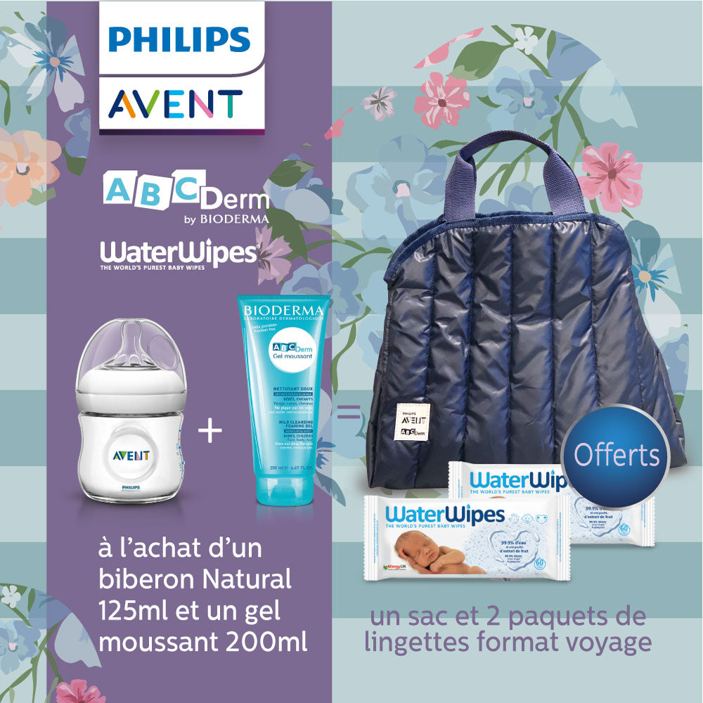 Avent Biberon natural 125ml + Abcderm Gel Moussant 200ml = 1 Sac+ 2 Packets de Lingettes Format de Voyage Offert