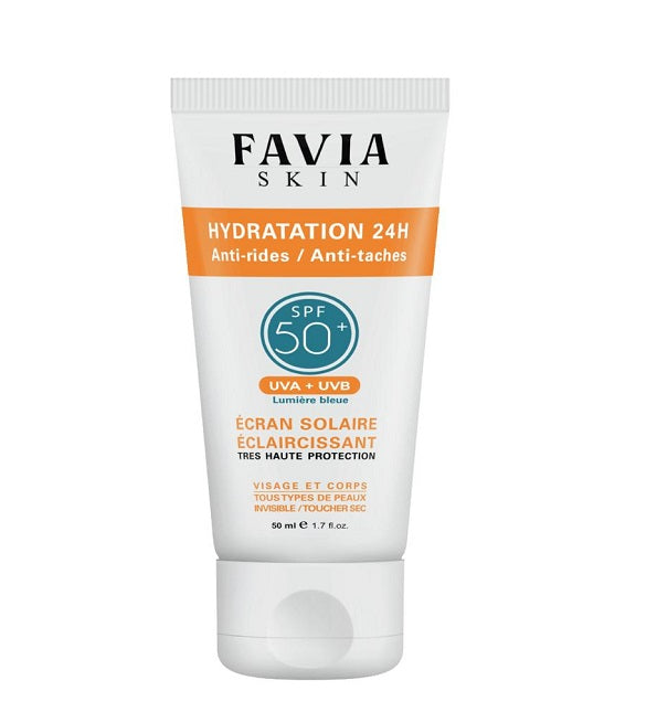 FAVIA DERMATOLOGIE SKIN ÉCRAN SOLAIRE ÉCLAIRCISSANT SPF50 HYDRATATION 24H, ANTI-RIDES / ANTI-TACHES 50ml