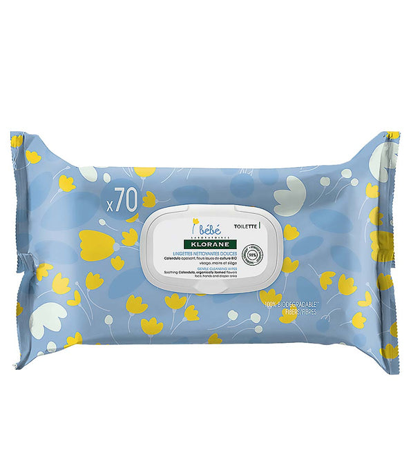 Klorane - Lingettes nettoyantes douces pour le corps au Calendula apaisant - Bébé - Peau normale à sèche 70 u
