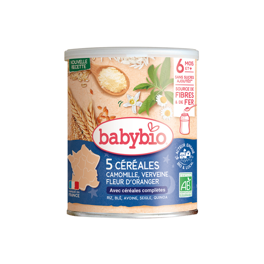 BABYBIO 5 CEREALES VERVEINE FLEUR D'ORANGER CAMOMILLE 220G
