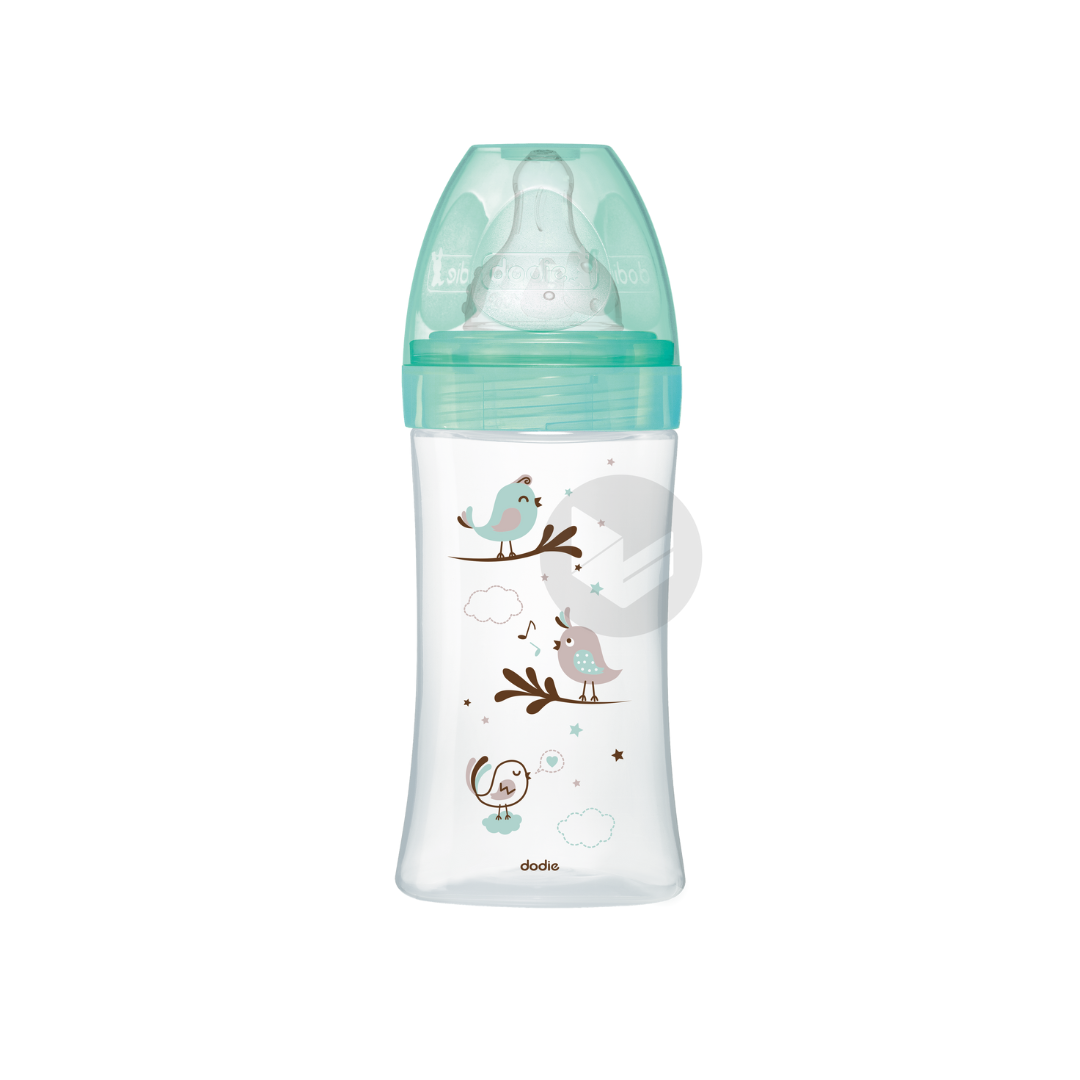 Dodie - Biberon verre Initiation+ (0-6 M) 3 vitesses débit 2 - Vert oiseau - 270 ml