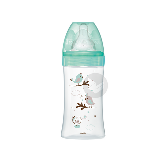 Dodie - Biberon verre Initiation+ (0-6 M) 3 vitesses débit 2 - Vert oiseau - 270 ml