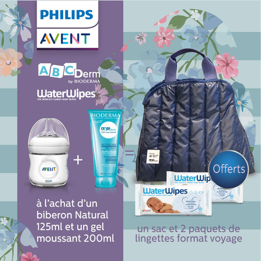 Avent Biberon natural 125ml + Abcderm Gel Moussant 200ml = 1 Sac+ 2 Packets de Lingettes Format de Voyage Offert