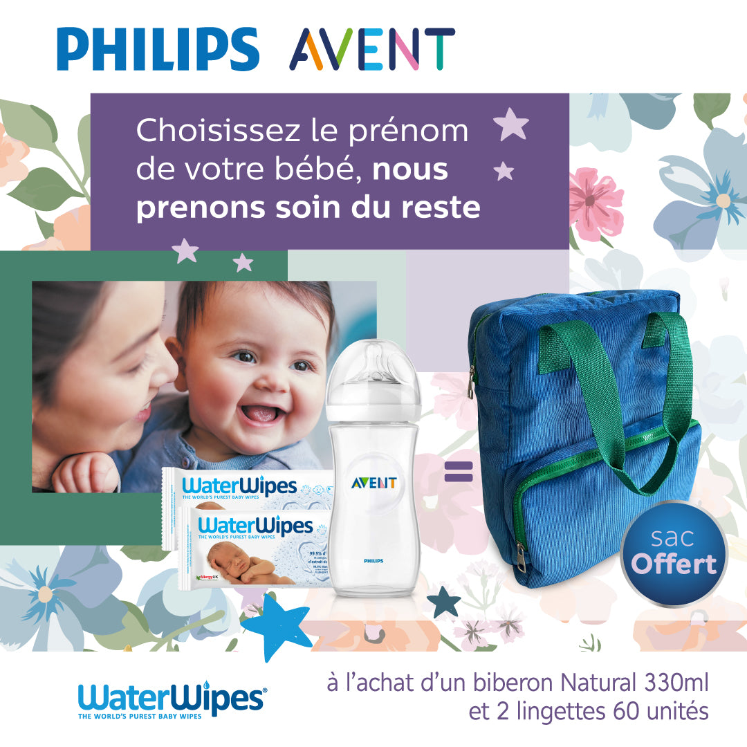Avent Biberon Natural 260ml scf033/17+2 Lingettes Watterwips Sac